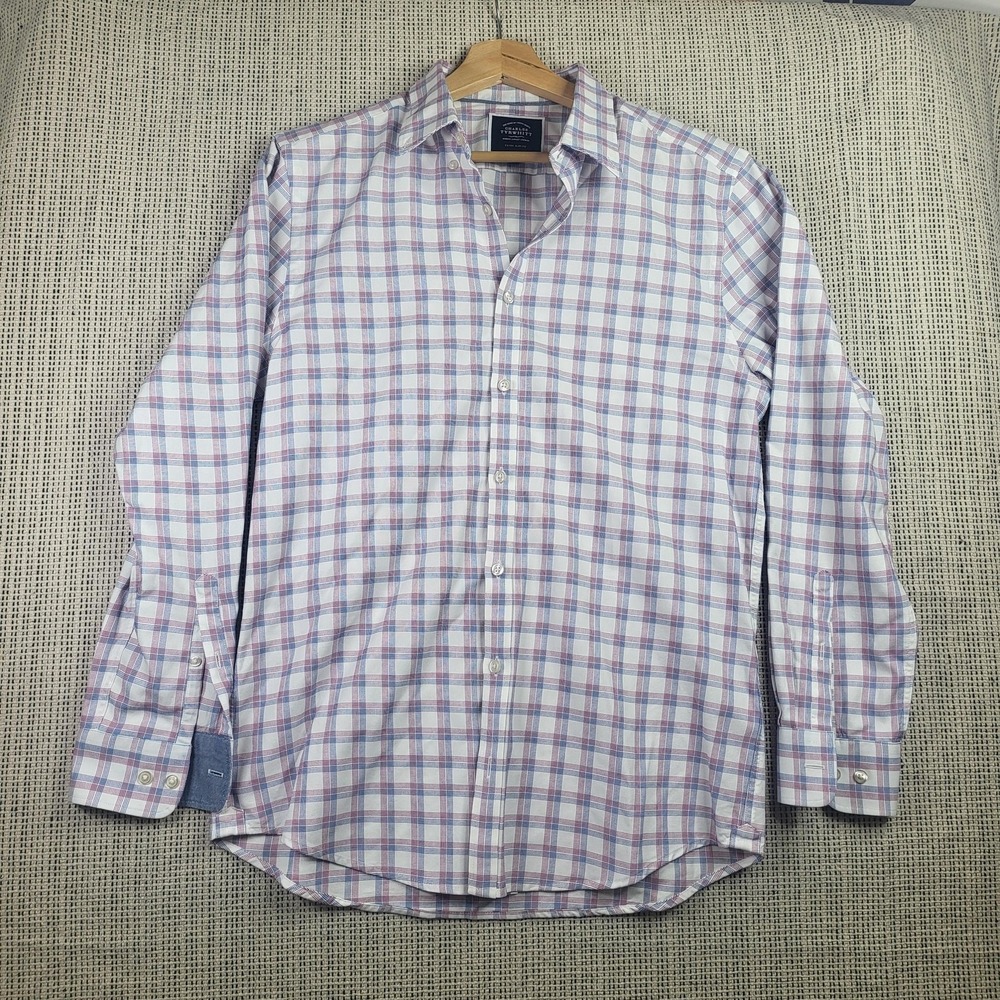 Charles Tyrwhitt Shirt Mens Medium White Blue Red Check Extra Slim Fit Dress